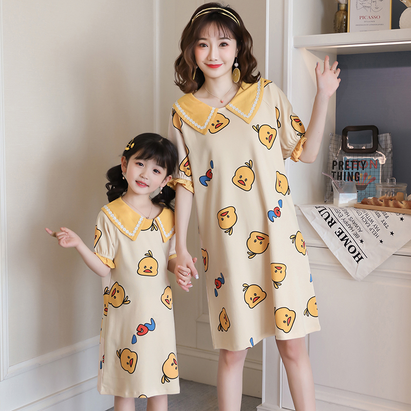 Summer day mother and daughter children's night dress girls princess style thin cotton large and small children parent-child baby pajamas dress