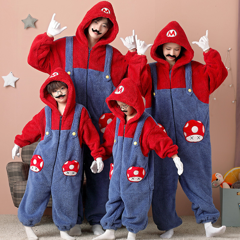 Parent-Child Matching Pajamas for Boys and Girls, Coral Fleece Sibling Outfits, Cartoon Mario Winter Flannel Warm Loungewear