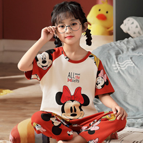 Girls pajamas spring and autumn two-piece suit childrens summer pure cotton thin section short-sleeved trousers middle and big childrens half-sleeved home clothes
