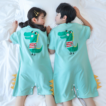 Childrens one-piece pajamas summer cotton boys and girls anti-kick middle and big children short-sleeved anti-cold one-piece home service
