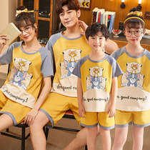 Parent-child pajamas a family of three summer cotton short-sleeved thin section boy big boy mother and daughter childrens home clothes set