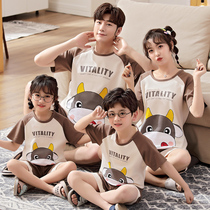 Parent-child pajamas summer cotton short-sleeved cartoon family of three four mother and child family home service suit