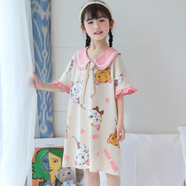 Girls nightdress childrens pajamas summer thin section middle and big childrens pure cotton skirt girls short-sleeved princess baby parent-child