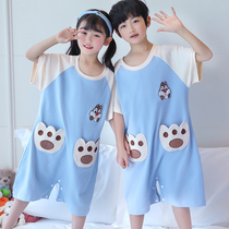 Childrens one-piece pajamas summer short-sleeved cotton silk boys animal cartoon boys and girls big children summer thin section