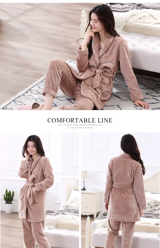 Nuo khiên cặp vợ chồng áo ngủ mùa thu và mùa đông flannel áo choàng tắm nam dày san hô lông cừu đồ ngủ phụ nữ mùa đông nhà dịch vụ phù hợp