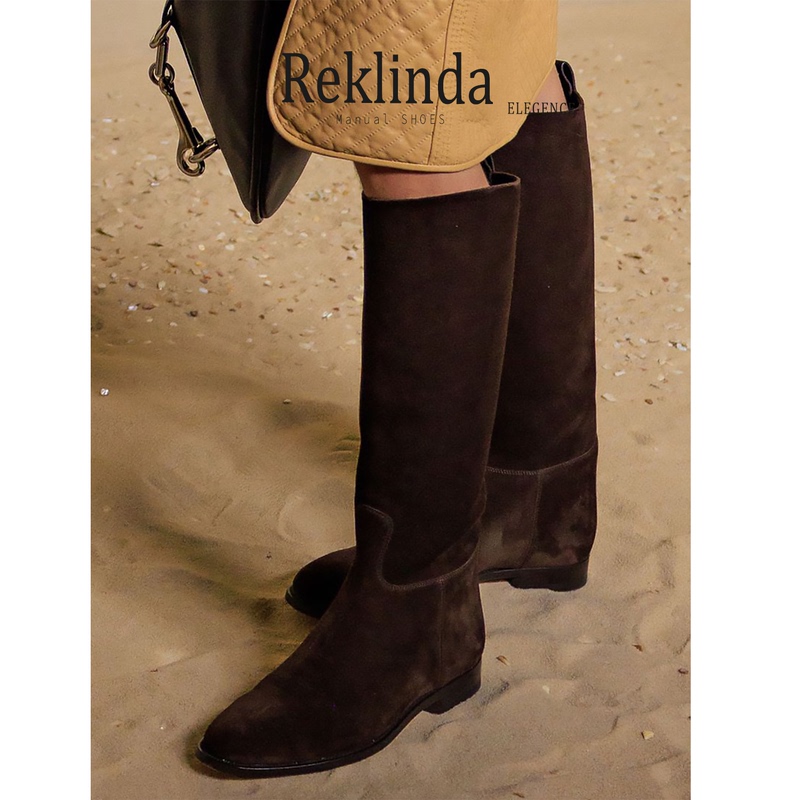 Cow Suede Long Boots, Slip-On Wide-Leg Slimming High Boots, Long Boots, Riding Boots, H Brand Straight-Leg Boots for Autumn and Winter
