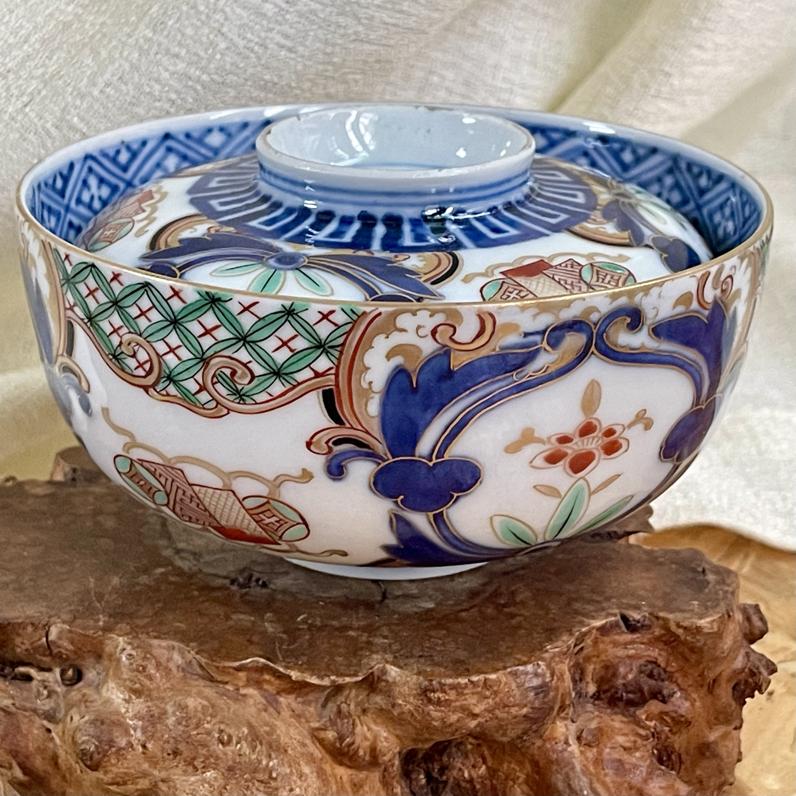 茶具茶道具日本中古陶瓷手绘柴窑古伊万里富贵长春青花加彩盖碗