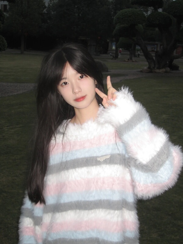 Designed Mohair Soft Gradient Striped Sweater for Women, Autumn and Winter Retro Loose Thick Pullover Knit Top