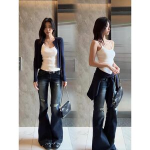 Korean-Style Navy Blue Button-Up Cardigan Knitwear for Women, Spring and Autumn Short Style, Layered with Camisole, Versatile Two-Piece Set