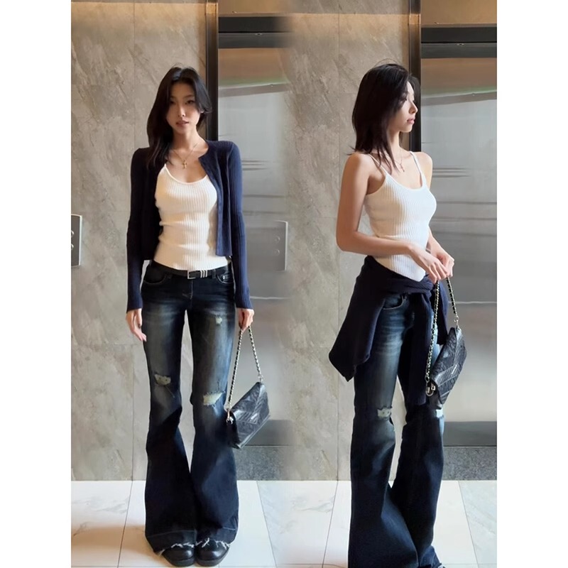 Korean-Style Navy Blue Button-Up Cardigan Knitwear for Women, Spring and Autumn Short Style, Layered with Camisole, Versatile Two-Piece Set