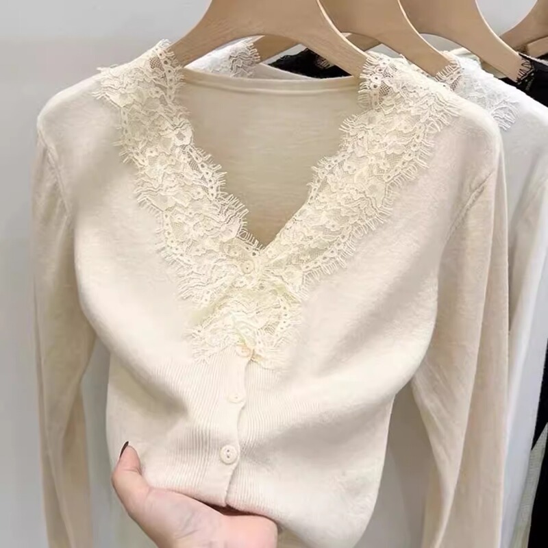 Lace V-Neck Knitwear Women's Cardigan Sweater Spring, Autumn and Winter Unique Design Short Top Bottoming Shirt for Women