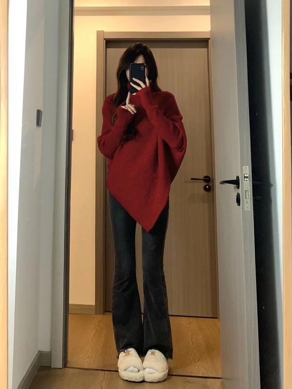 Irregular Turtleneck Sweater for Women 2026 Autumn and Winter Korean Style New Year Red High-End Lazy Thick Knitted Top