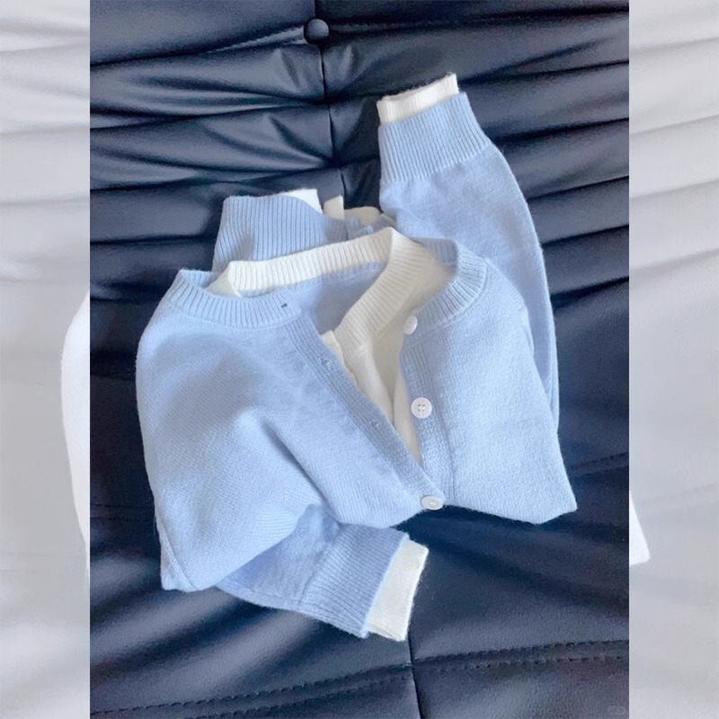 Chic Korean-Style Top, Blue Faux Two-Piece Knitted Cardigan for Women, New Spring/Autumn Style, Lazy Sweater Jacket for Early Spring Outfits Chic Korean-Style Top, Blue Faux Two-Piece Knitted Cardigan for Women, New Spring/Autumn Style, Lazy Sweater Jacket for Early Spring Outfits