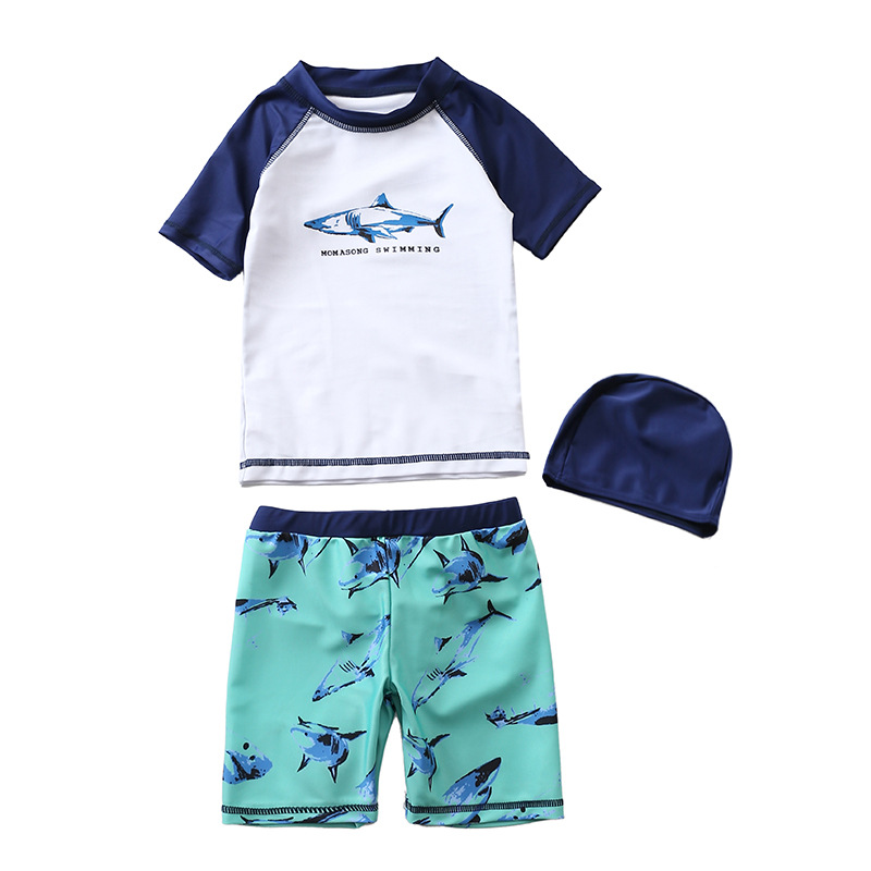 Boys' swimsuit split short sleeves three-piece set cartoon shark boy baby middle boy beach swimsuit send swimming cap