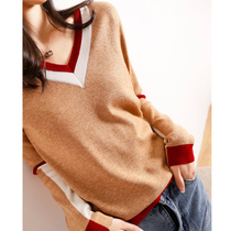 v collar sweater woman thin section 2021 early fall Lazy Loose Long Sleeve Pure Color Slats Bottom Commute Pure Lady Goat Sweatshirt