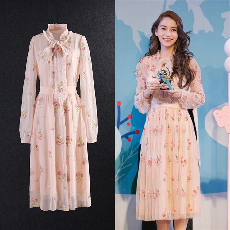 Trendy brand baby Yang Ying star with the same paragraph 2020 new pink chiffon embroidery dress ladies Xiaoxiangfeng dress
