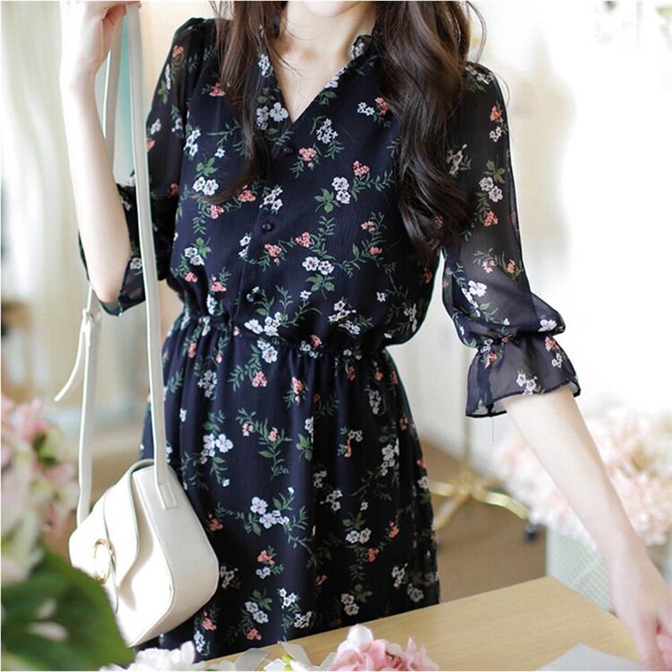 French fashion brand 2020 summer new Korean version of floral chiffon dress in the long version of A-line skirt thin middle sleeve women's clothing