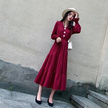 French red V-neck chiffon dress 2020 Autumn and Winter new niche fairy long skirt waist thin temperament skirt