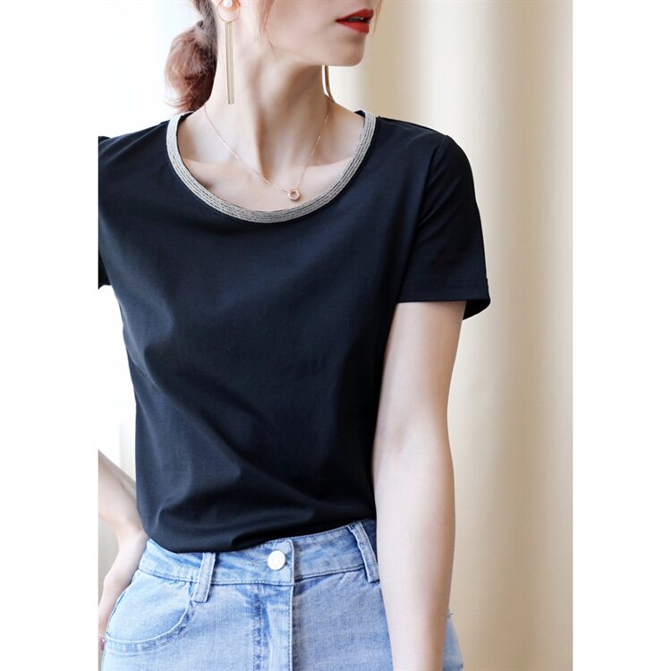 Tide brand mercerized cotton beaded large round collar short-sleeved T-shirt women's 2020 new summer black loose white V-neck top