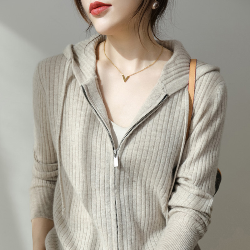 Hooded cardigan knitted jacket women's 2021 autumn and winter lazy and thin striped solid color zipper wool sweater women