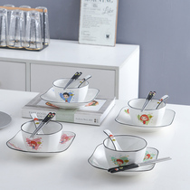 Parent-child bowls and plates chopsticks and spoons set Ceramic high-grade cartoon family of 4 family portraits creative meal tableware