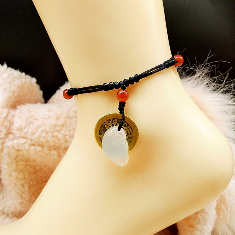 Vintage phong cách dân tộc dệt tay đồng tiền vòng tay nữ ác linh chống nhỏ dây đỏ vòng chân nam mãn nguyện đơn giản Changle lắc chân nữ nhật bản