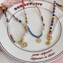Korea Laughs Face Colorful Pearl Necklace Lock Bone Chain 2022 New Tide Niche Design Sensation Necklace
