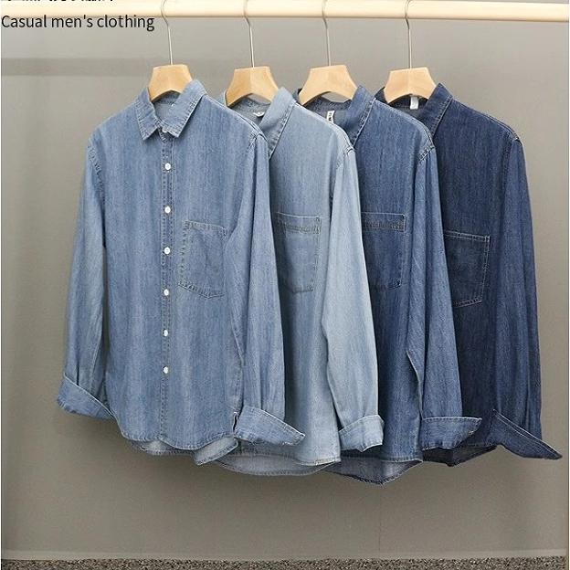 Men's Denim Shirt, Spring and Autumn, Washed Cotton, Soft Fabric, Thin Jacket, Trendy Layering, Japanese Retro Casual Long-Sleeve Shirt
