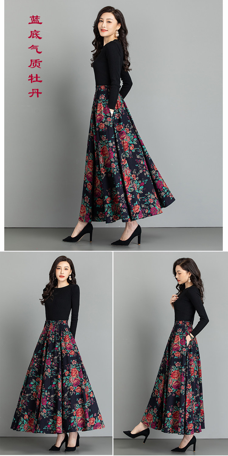 Female Cotton Linen Autumn Vintage Plus Size a-line High Waist National Fashion Big Flower Maxi Ladies Skirts for Womens