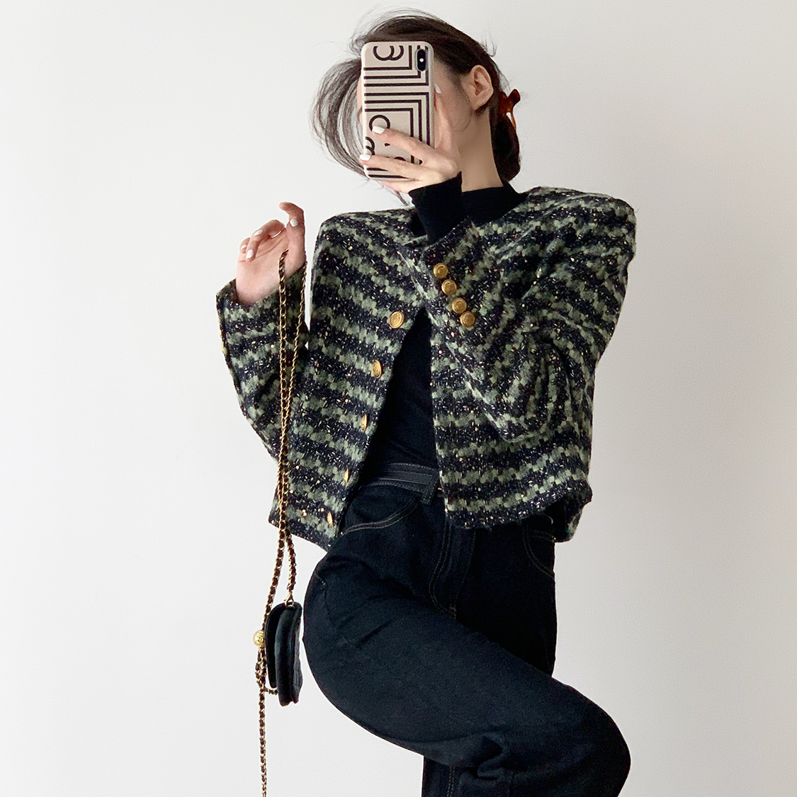 Green Strip Rough Blossom Blossom Blade 2022 New Superior Sense Yuan relaxed short coat coat