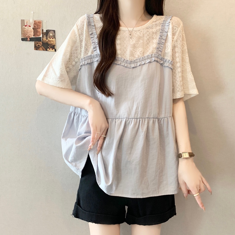 Fake Two-Piece Light Blue Regular Shoulder Short-Sleeve T-Shirt for Women, 2026 Summer New Style, Plus Size, Belly-Covering Babydoll Top Fake Two-Piece Light Blue Regular Shoulder Short-Sleeve T-Shirt for Women, 2026 Summer New Style, Plus Size, Belly-Covering Babydoll Top