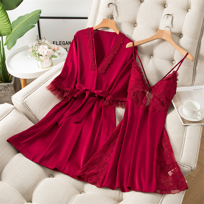 2025 Autumn/Winter Sexy Pajamas Red Zodiac Year Women's Spring/Summer Ice Silk Strap Nightgown Robe Two-Piece Set