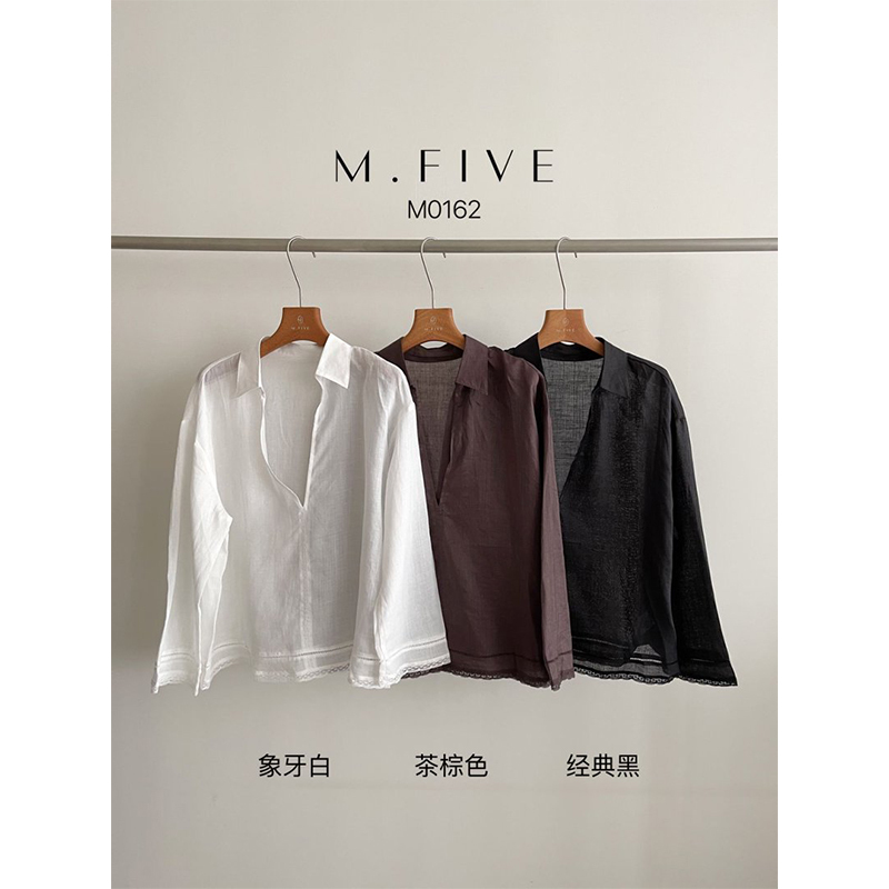 M Five Pure Ramie Shirt Women's Pullover Deep V-Neck 2026 Summer New Style Lace Trim Loose Shirt 0162 M Five Pure Ramie Shirt Women's Pullover Deep V-Neck 2026 Summer New Style Lace Trim Loose Shirt 0162