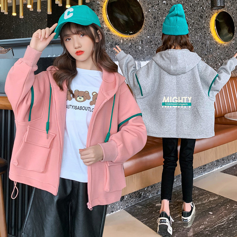 Girls' hooded zip-up shirt 2022 new fashionable middle-aged children's sweater coat loose western style girl spring and autumn trend