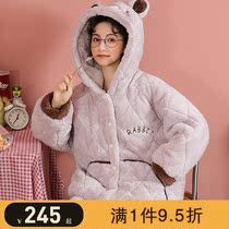 Autumn and winter pajamas womens coral velvet cationic padded cotton three layers thickened winter cute can be worn outside the home suit set