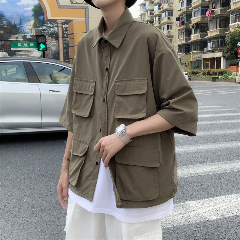 Oversized Multi-Pocket Short-Sleeve Shirt for Men, Summer American-Style Workwear, Thin Ice Silk Casual Shirt, Trendy