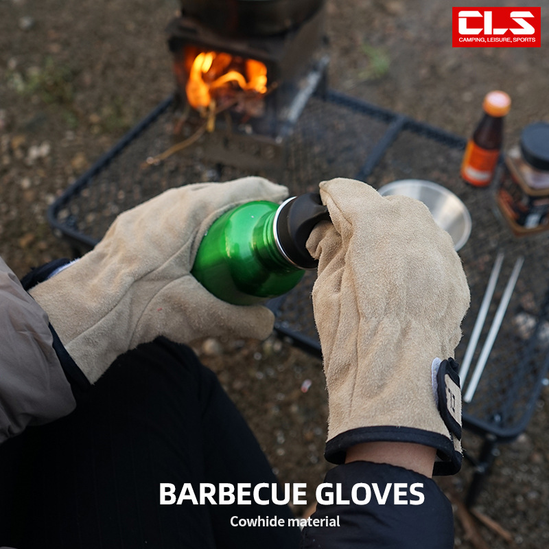 Outdoor Picnic BBQ Gloves Camping Raw Fire Barbecue Cow Leather Anti-Burn And Heat Insulation Thickened Abrasion Protection Gloves