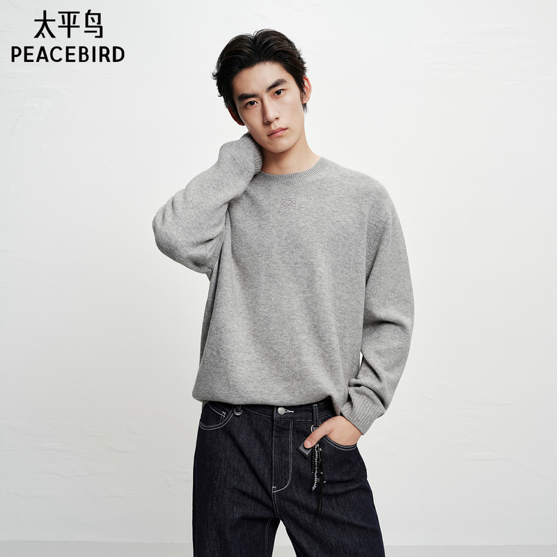 Peacebird Men's Casual Sweater Winter Fashion Comfortable Loose Three-Dimensional Embroidery Brushed Yarn Casual Sweater for Men