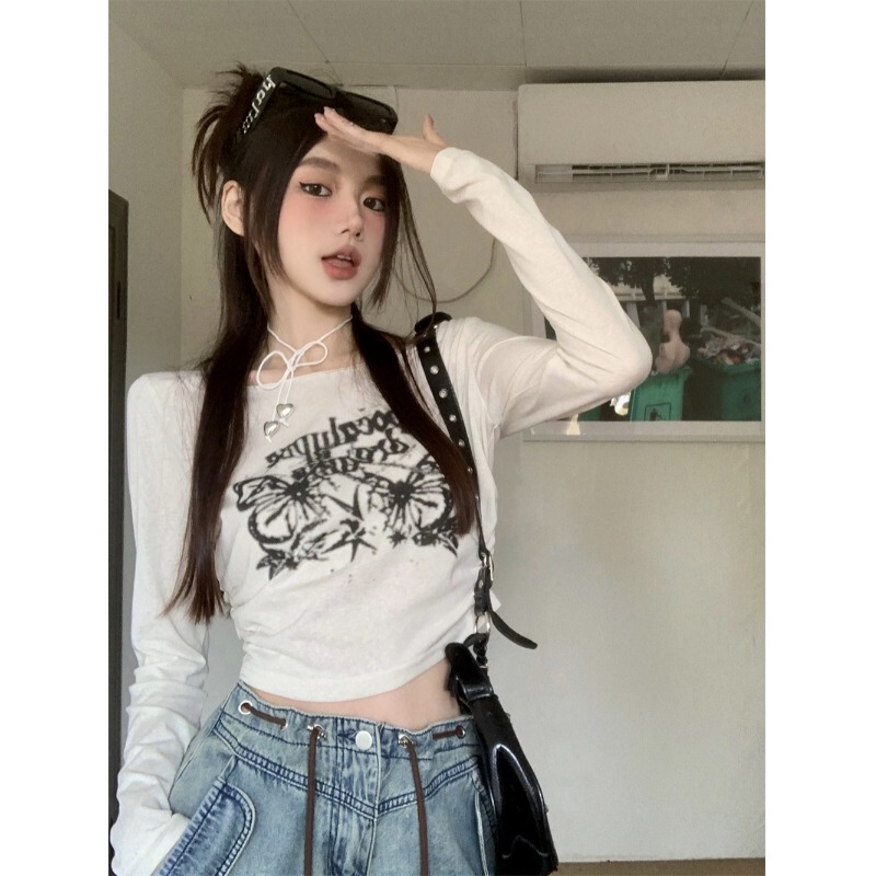 Designed English-Style Butterfly Print Long-Sleeve T-Shirt for Women, Autumn American Retro Hot Girl Crop Top Trendy