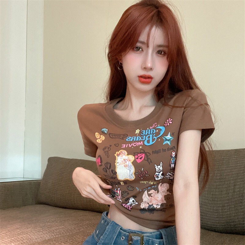 Trendy Hot Girl Short-Sleeve T-Shirt for Women, Summer Versatile, Sweet or Edgy Style, Printed, High-Waisted, Slim-Fit, Stunning Short Crop Top, Trendy