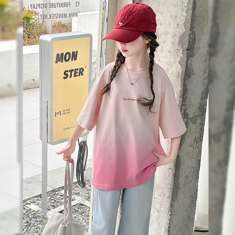 Girls Summer Pure Cotton Short-Sleeved T-Shirt 2025 New Girls Thin Denim Straight Pants Summer Clothes for Older Children