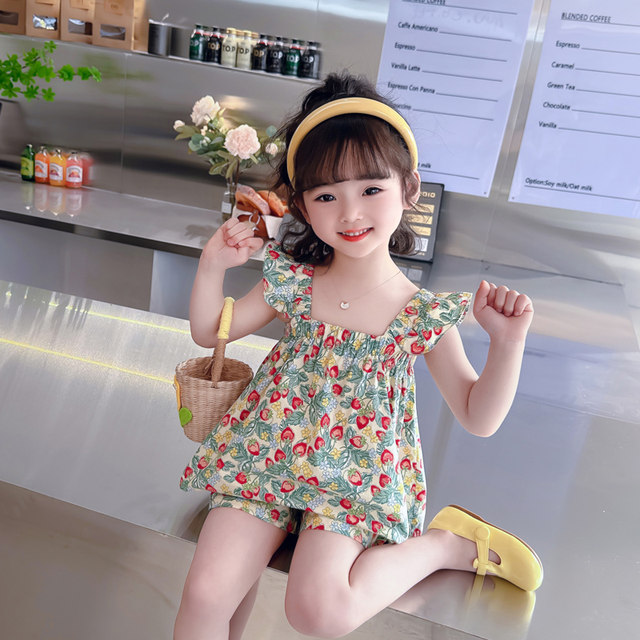 Girls summer floral camisole suit 2023 new summer baby foreign style sleeveless vest shorts two-piece set