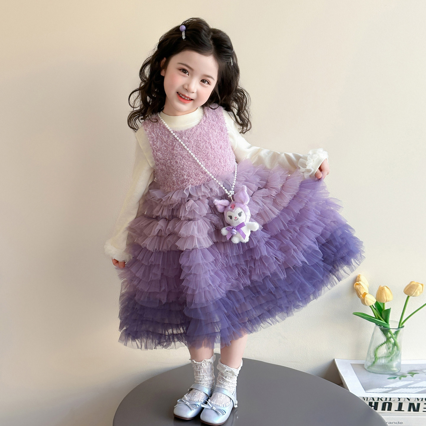 女の子向けライトラグジュアリースタイルの春服：メッシュケーキドレス、ベビーガールズ春のプリンセスドレス、ミディドレス、スイートスプリングスタイル