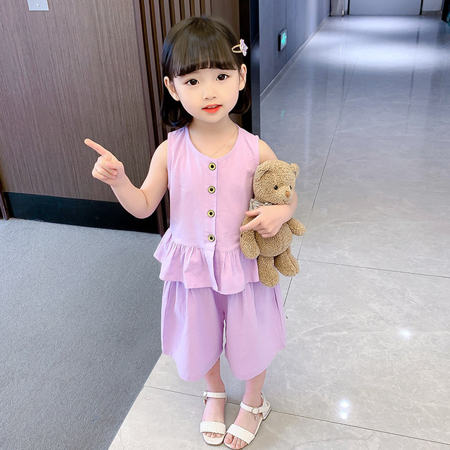 2023 summer new girl's suit foreign style fashionable children's baby summer children's clothing summer vest two-piece set