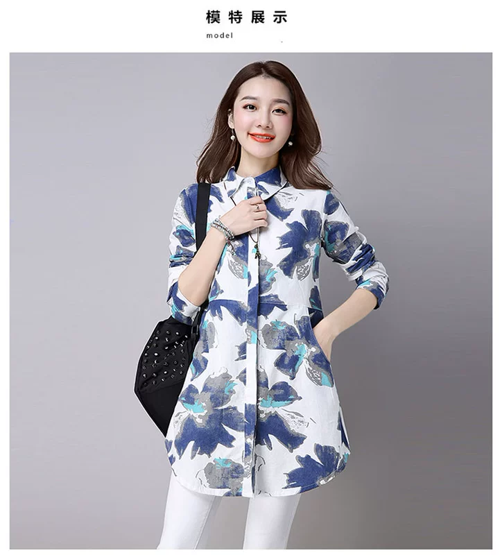 Áo sơ mi cotton và lanh dài tay 2017 áo sơ mi nữ hàn quốc mùa thu mới áo trung niên nữ áo cardigan in size lớn - Áo sơ mi dài tay