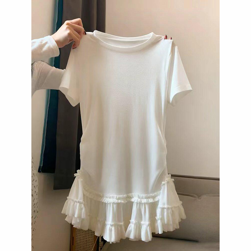 French-Style White Round-Neck Lace-Trimmed Short-Sleeve T-Shirt for Women, Summer Slim-Fit, Hip-Covering, Inner Wear, Regular Shoulder Top