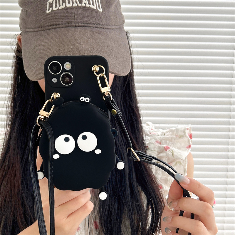 Black Briquette Coin Purse Suitable for Apple 15 Phone Case iPhone 16 Pro Max Protective Cover 13 Crossbody 12 Pro Strap XS Max Cartoon 14 Cute Xr Full Cover Female 7P/8 Plus Neck Strap