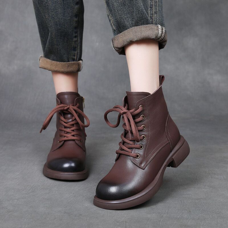 2026 Autumn and Winter New Style Boots for Women, British Style Retro Short Boots, Genuine Leather, Round Toe, Thick Heel, Fleece-Lined, Warm Slim Boots