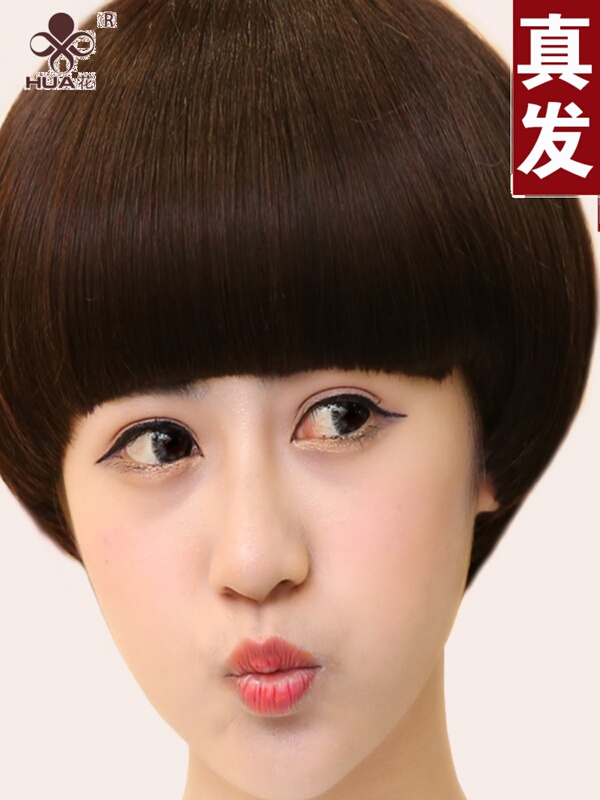 Real Hair Wig for Women, Short Mushroom Head Wig, Fashionable Women's Wig, Bobo Style with Bangs, Short Straight Hair, Fluffy and Stylish
