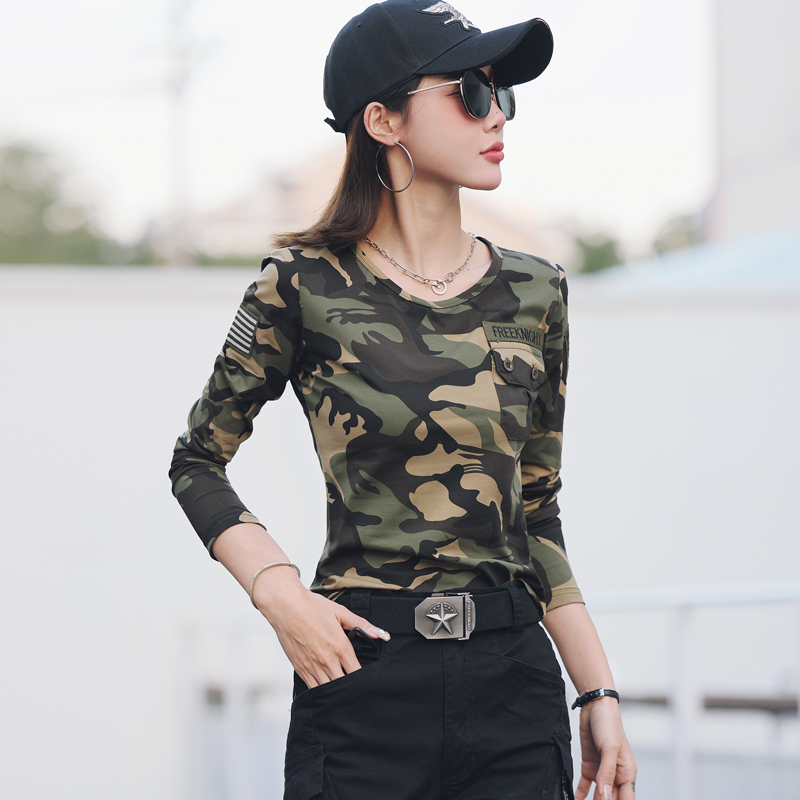 Spring and autumn new camouflage T-shirt women's long-sleeved tooling loose new trendy fashion elastic thin sailor dance top